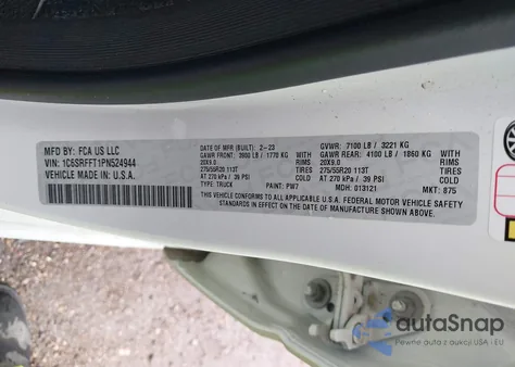 2023 Ram 1500 Lone Star 4X4 5'7 Box z USA, uszkodzony, nr VIN 1C6SRFFT1PN524944